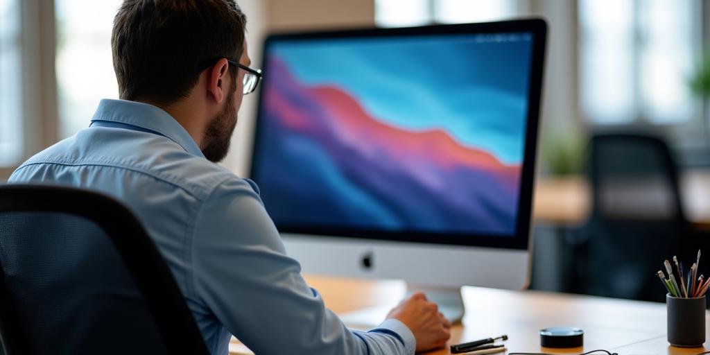 IT Experte führt Troubleshooting an einem iMac durch
